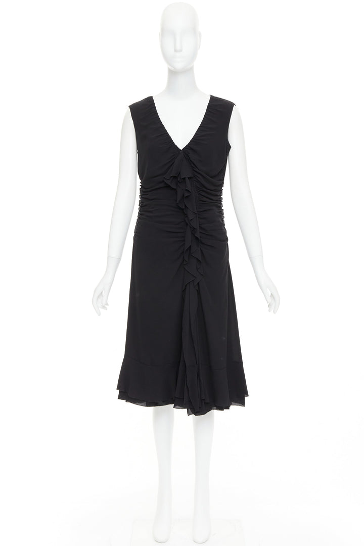 PRADA Vintage black silk ruched ruffle front V neck dress IT44 L