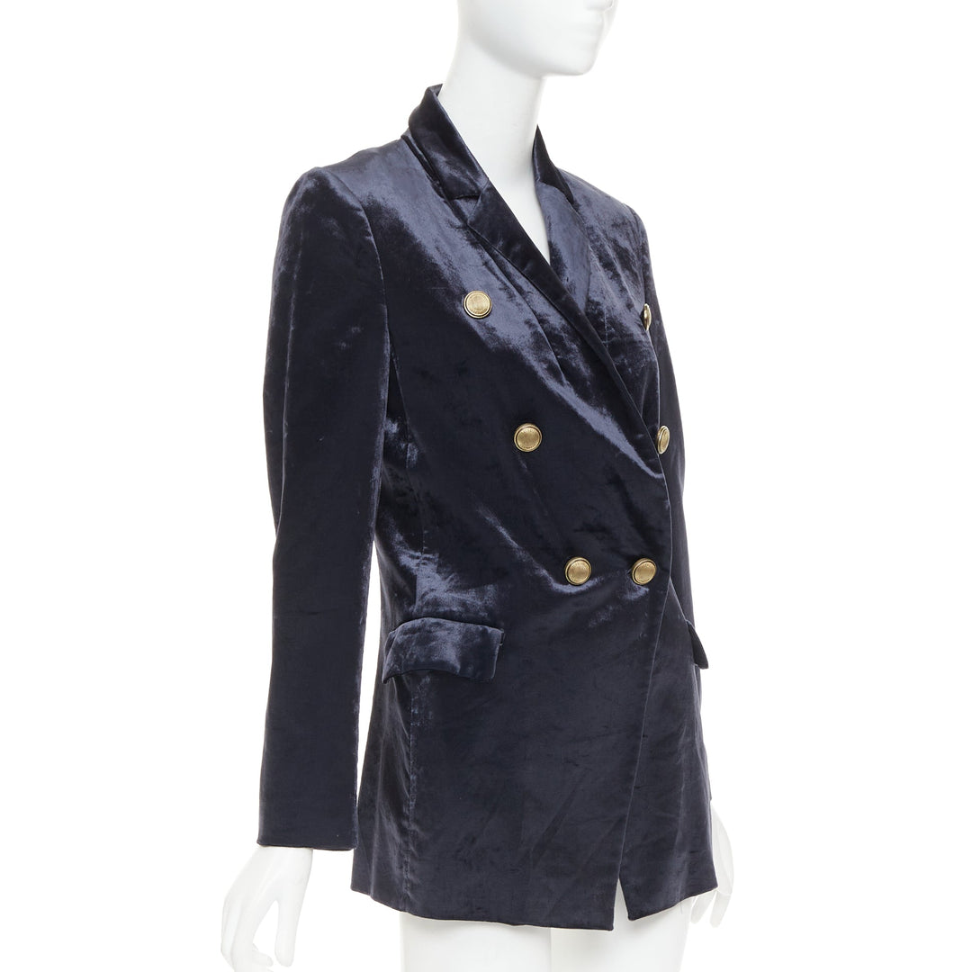 BRUNELLO CUCINELLI navy velvet brass logo buttons double breasted blazer IT40 S
