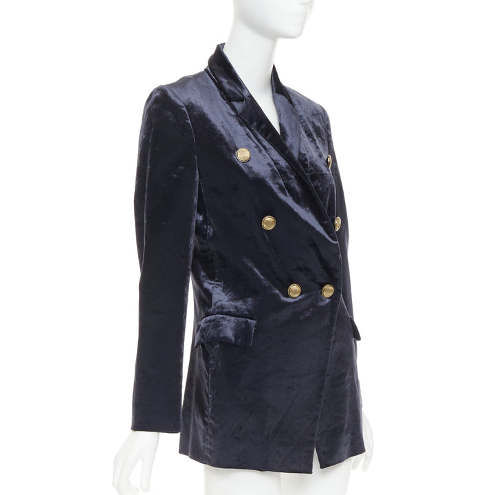BRUNELLO CUCINELLI navy velvet brass logo buttons double breasted blazer IT40 S