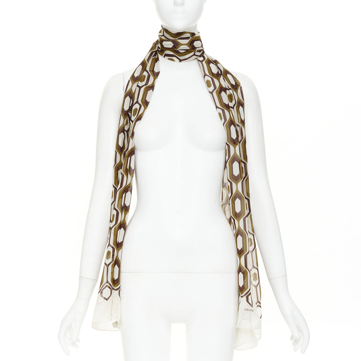 CELINE 2019 Hedi Slimane 100% silk olive brown retro 70s honeycomb scarf