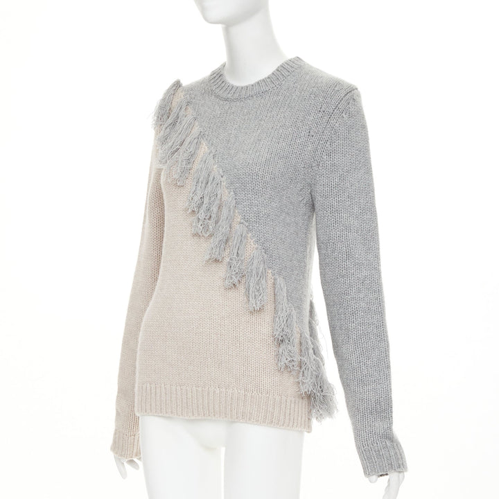 JW ANDERSON grey beige wool cashmere tassel trim asymmetric split  sweater XS