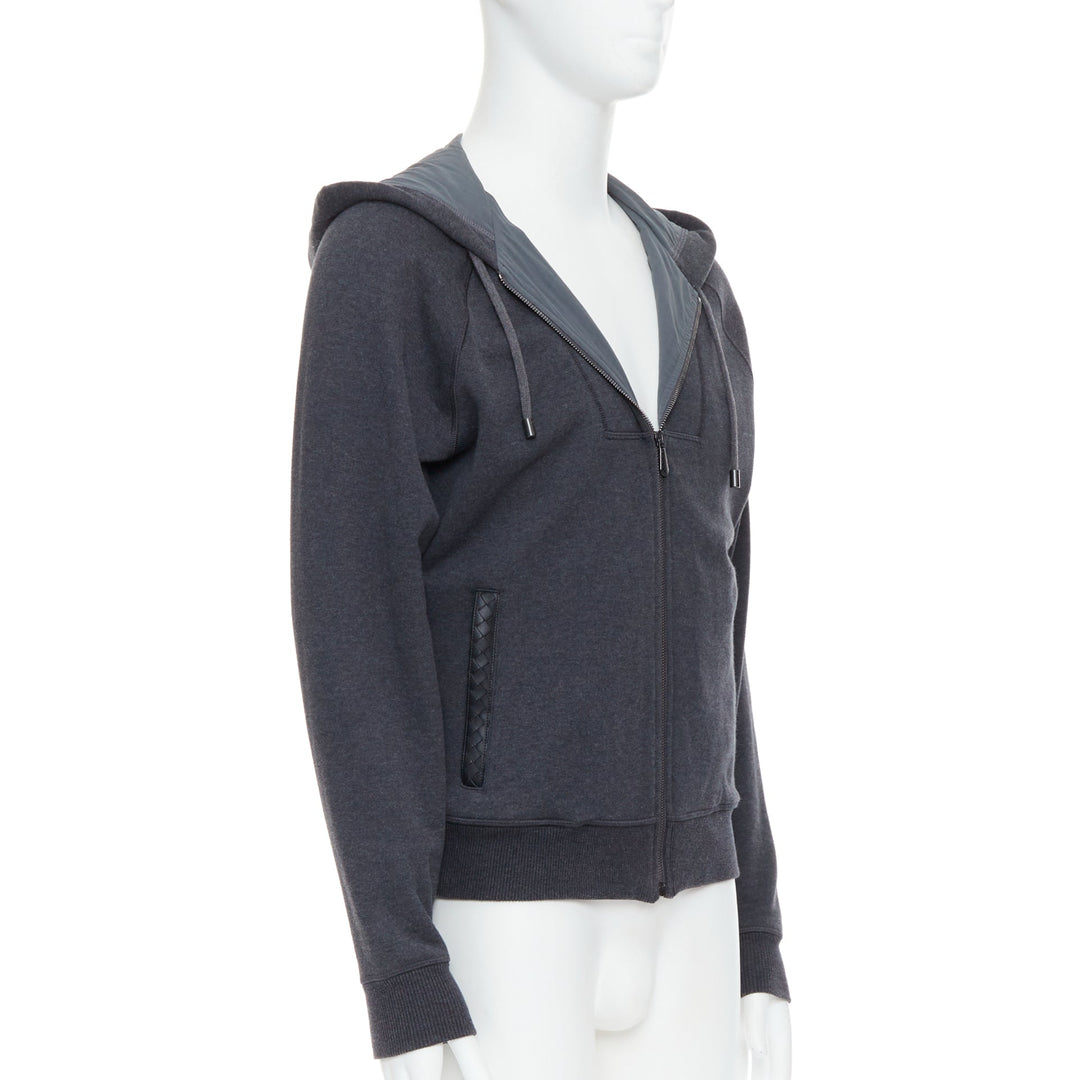 Male mannequin wearing Bottega Veneta Grey Cotton Men Hoodies in Size IT46 | Available at JHROP