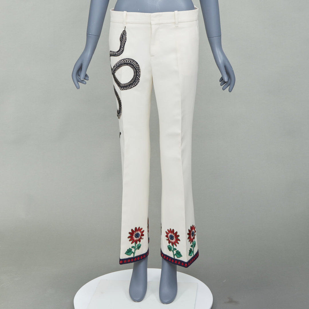 GUCCI 2015 Runway beige snake floral embroidered silk cotton trousers IT40 S