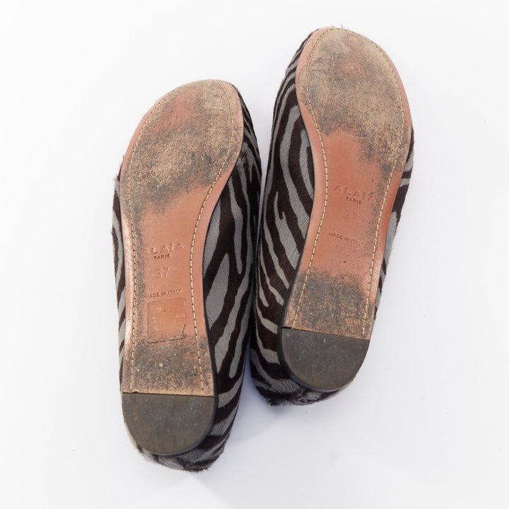 ALAIA grey black calf hair zebra print black grosgrain bow ballet flats EU37