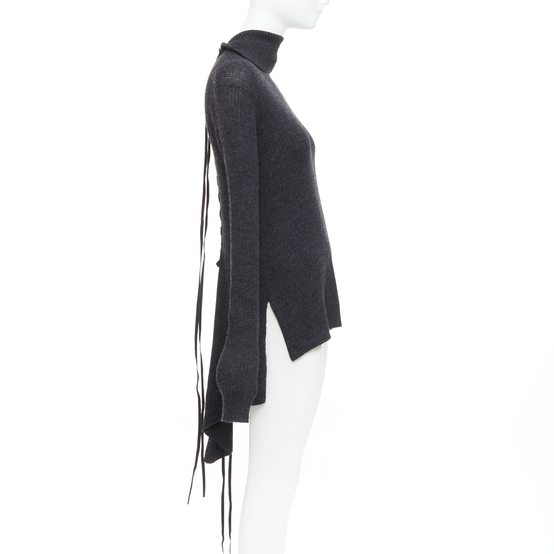 Y'S YOHJI YAMAMOTO grey  wool laced up hi low handkerchief turtleneck top JP2 M
