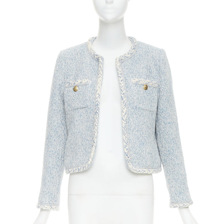 CELINE 2023 baby blue white wool cotton boucle tweed trim jacket FR36 S