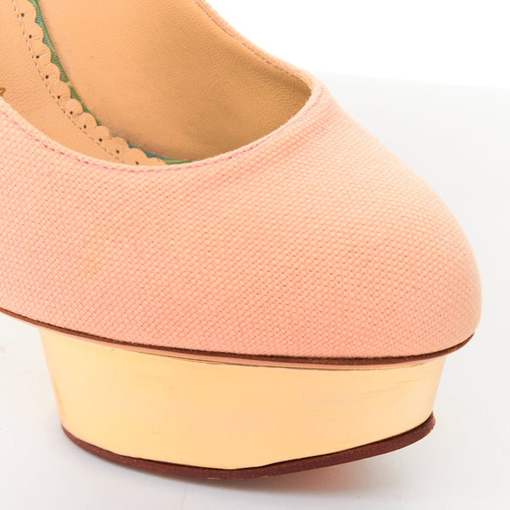 CHARLOTTE OLYMPIA Dolly beige canvas gold island metallic platform pumps EU36