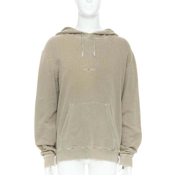 SAINT LAURENT 2018 stone cotton distressed washed logo hoodie S