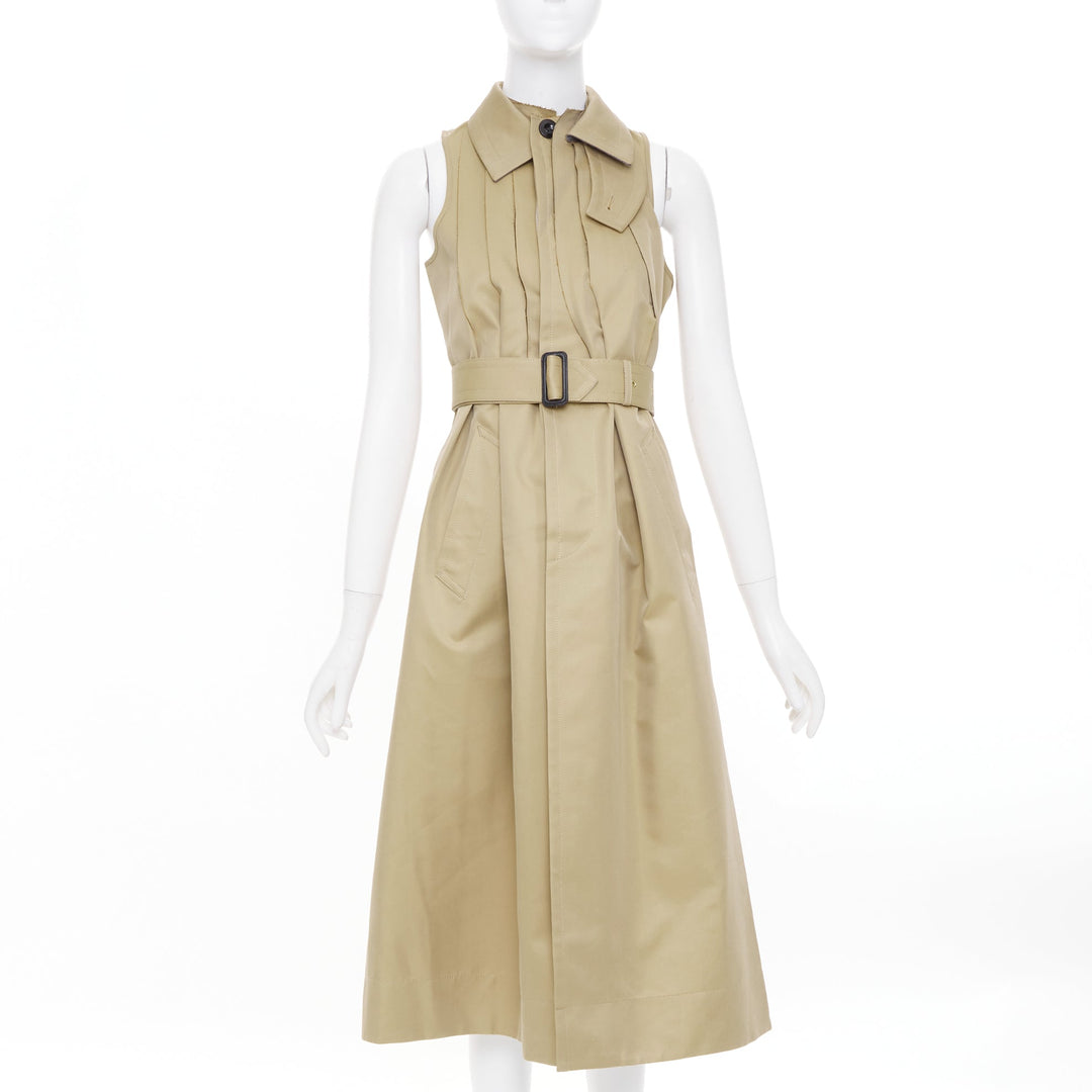 SACAI 2024 Runway sleeveless asymmetric khaki cotton blend trench dress JP1 S