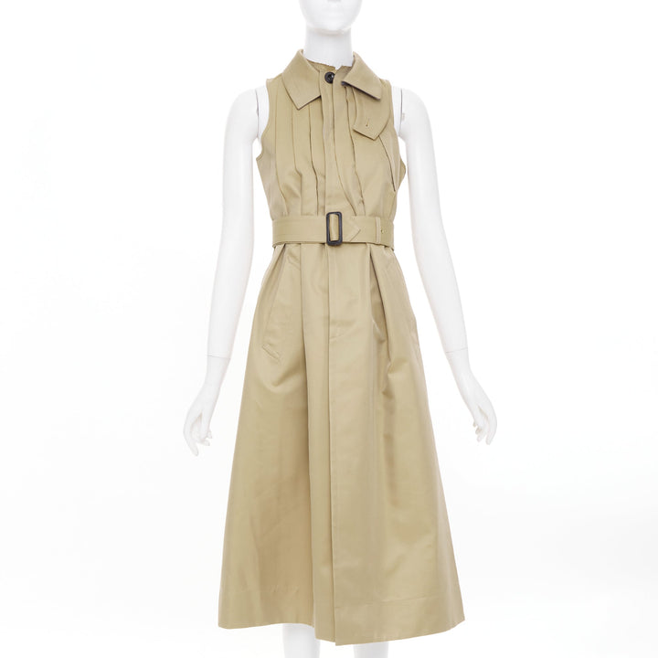 SACAI 2024 Runway sleeveless asymmetric khaki cotton blend trench dress JP1 S
