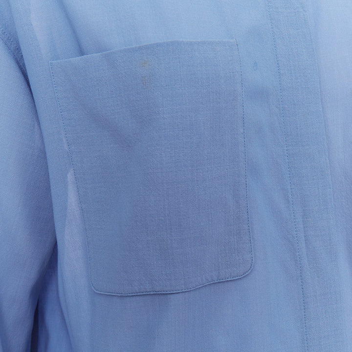 HERMES blue virgin wool band collar rolled tab sleeves tunic shirt dress FR36 S