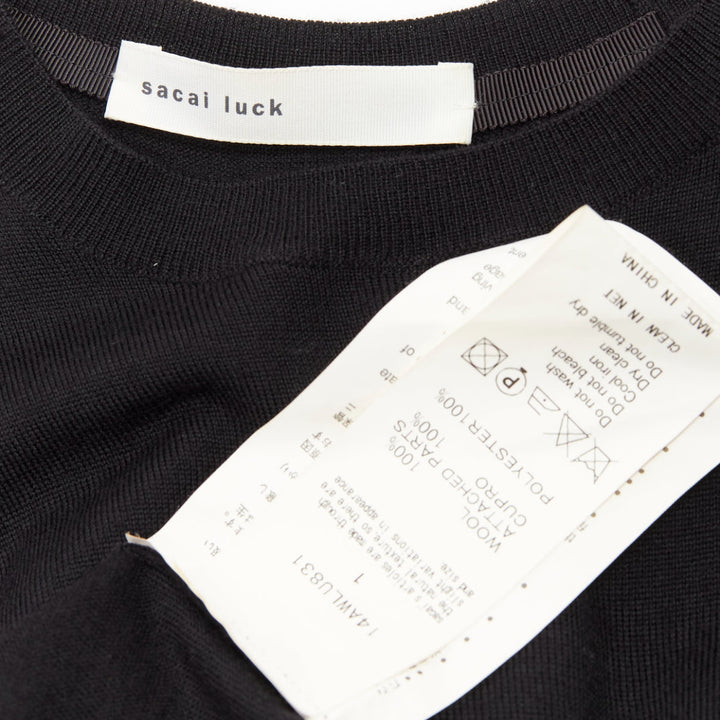 SACAI LUCK black wool inverted pleat back satin flared sweater dress JP1 S