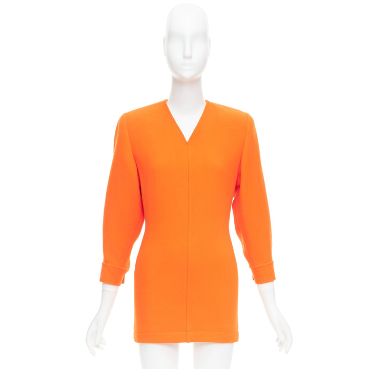 SAINT LAURENT 2022 Runway orange wool grain de poudre power mini dress FR34 XS