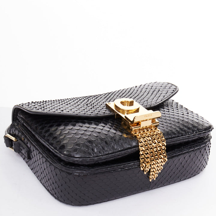CELINE C Bag Runway black gold scaled leather fringe C clasp crossbody box bag