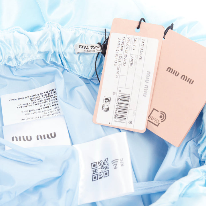 MIU MIU 2021 Runway Winter Pants sky blue quilted nylon wide pants IT38 XS