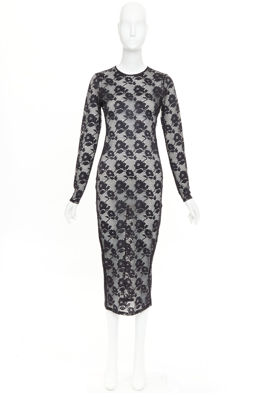 FLEUR DU MAL black lattice floral lace mesh crew neck long sleeve midi dress S