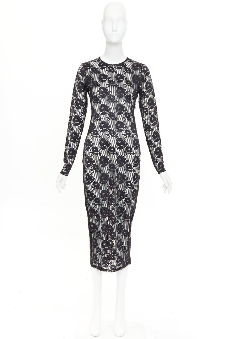 FLEUR DU MAL black lattice floral lace mesh crew neck long sleeve midi dress S