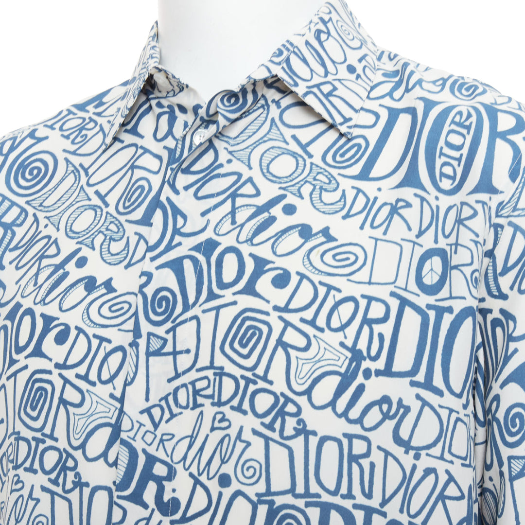 DIOR Shawn Stussy blue graffiti swirl logo print button down shirt EU38 S
