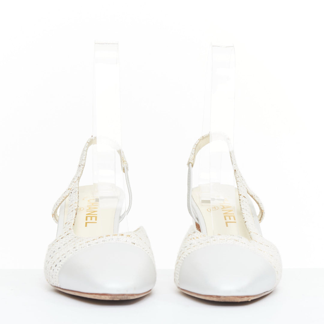 CHANEL white silver gold metallic tweed CC logo block slingback pumps EU39