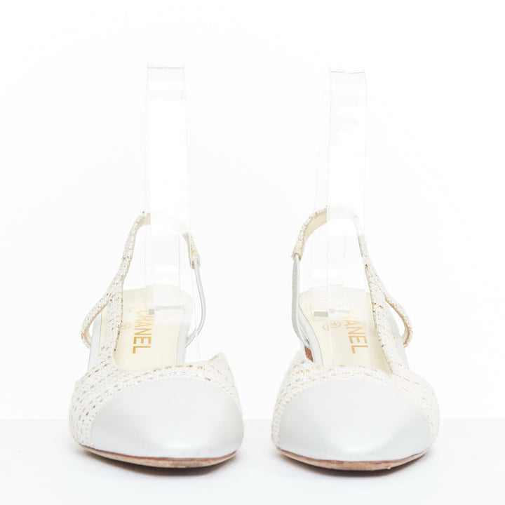 CHANEL white silver gold metallic tweed CC logo block slingback pumps EU39