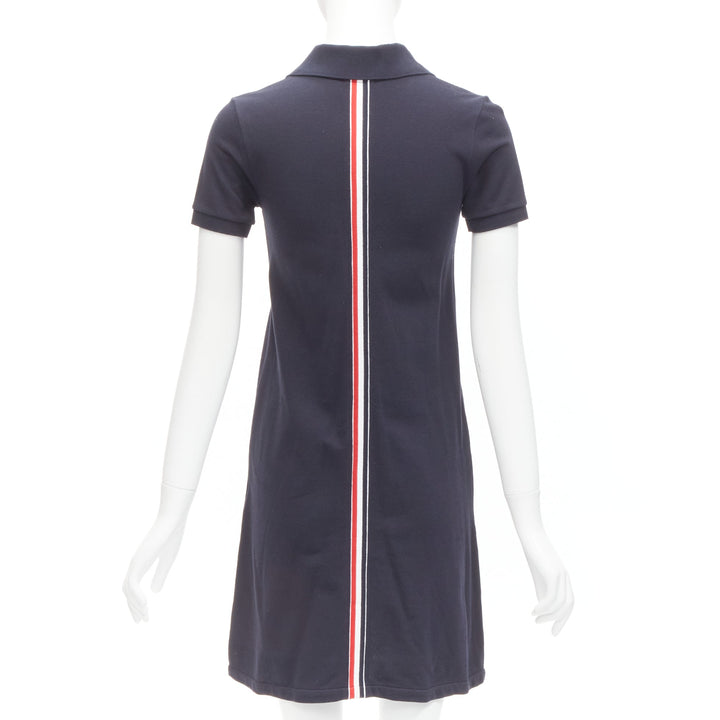 THOM BROWNE navy blue signature stripe webbing pique polo dress IT36 XXS