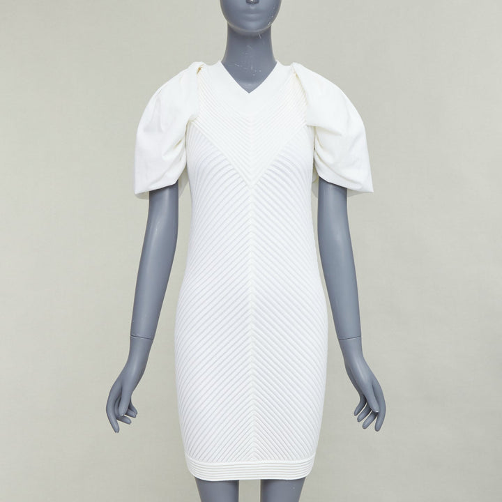 CHANEL 09P white cotton blend chevron puff sleeve CC buttons knit dress FR34 XS