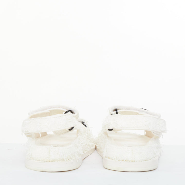 CHANEL 2021 frayed white tweed CC hook and loop open toe dad sandals EU37.5C
