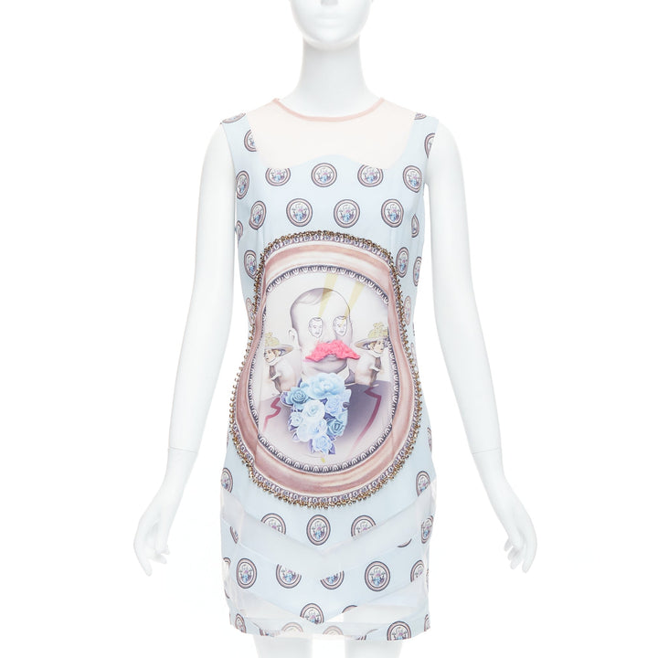 MSGM baby blue silk blend portrait print embellished shift dress L