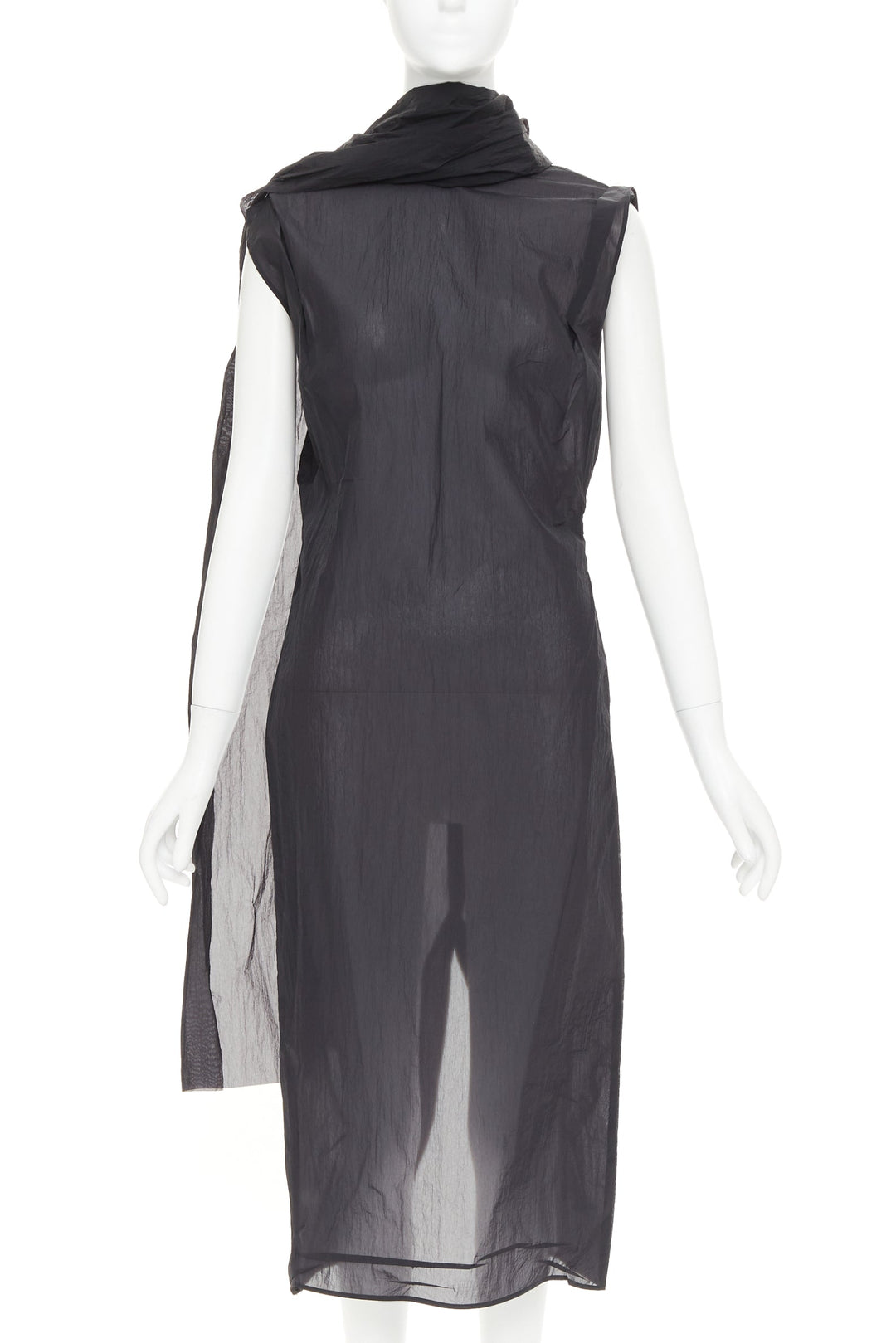 PRADA 2023 black RE-Nylon crinkle scarf rosette dipped back draped dress IT38 XS