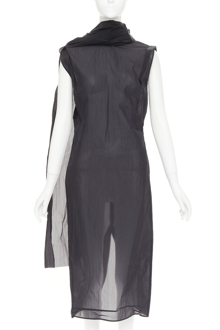 PRADA 2023 black RE-Nylon crinkle scarf rosette dipped back draped dress IT38 XS