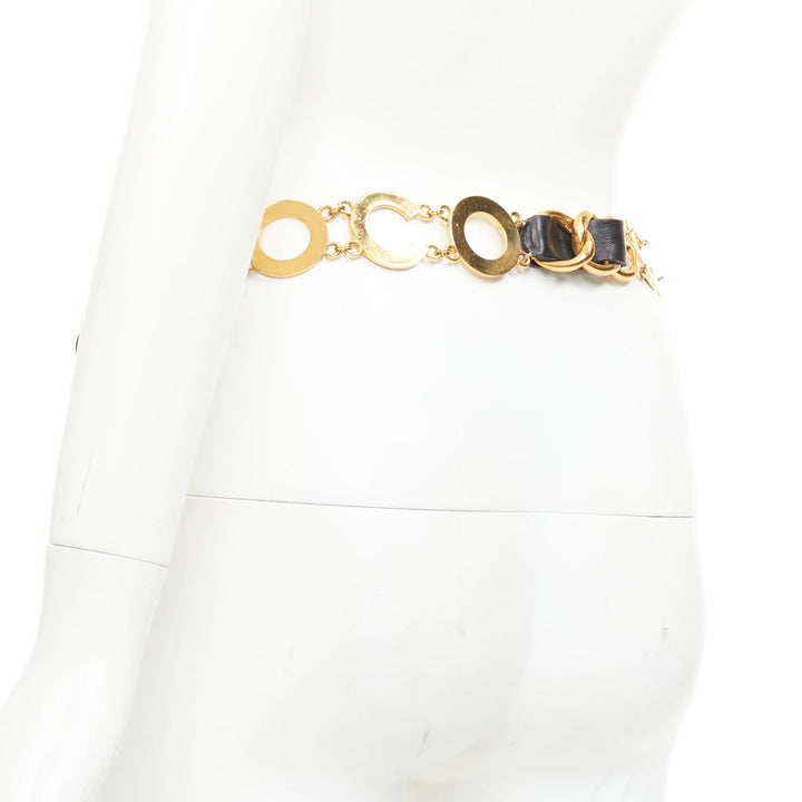 rare CHANEL 1993 Vintage Spell Out logo black leather interwoven gold chain belt