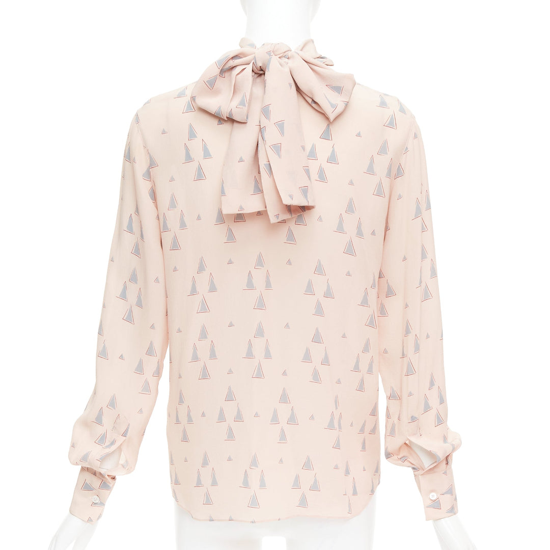 VALENTINO 100% silk blush pink grey triangle print tie neck blouse US4 S