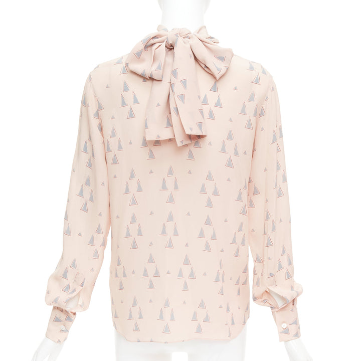 VALENTINO 100% silk blush pink grey triangle print tie neck blouse US4 S
