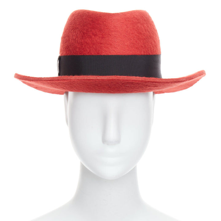 SAINT LAURENT red rabbit felt black grosgrain leather lined fedora hat