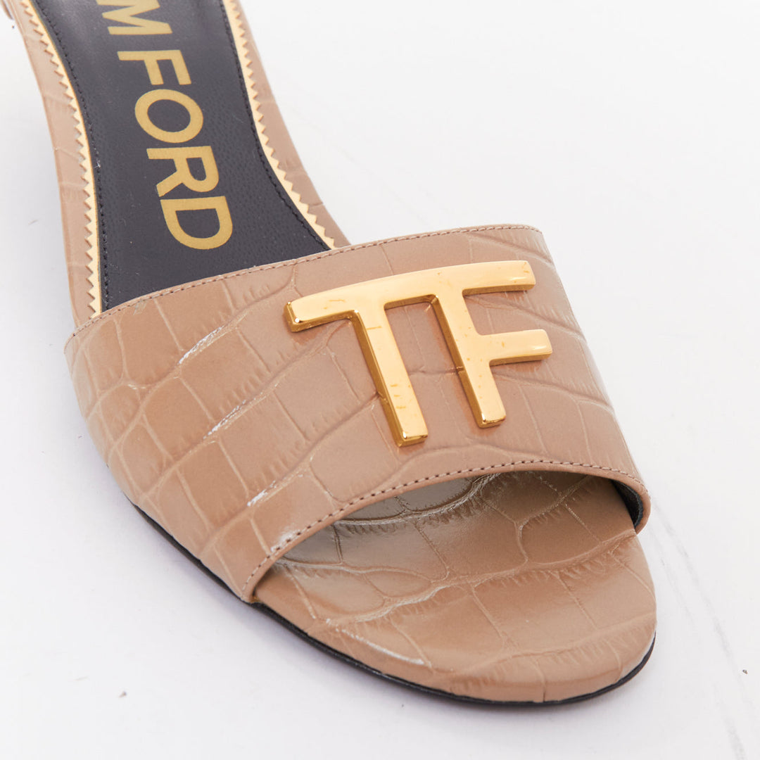 TOM FORD taupe croc embossed calfskin gold TF logo kitten heel sandal EU36