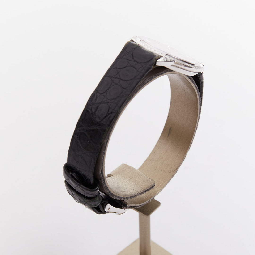 PIAGET Vintage Sunburst Possession silver face black leather logo belted watch