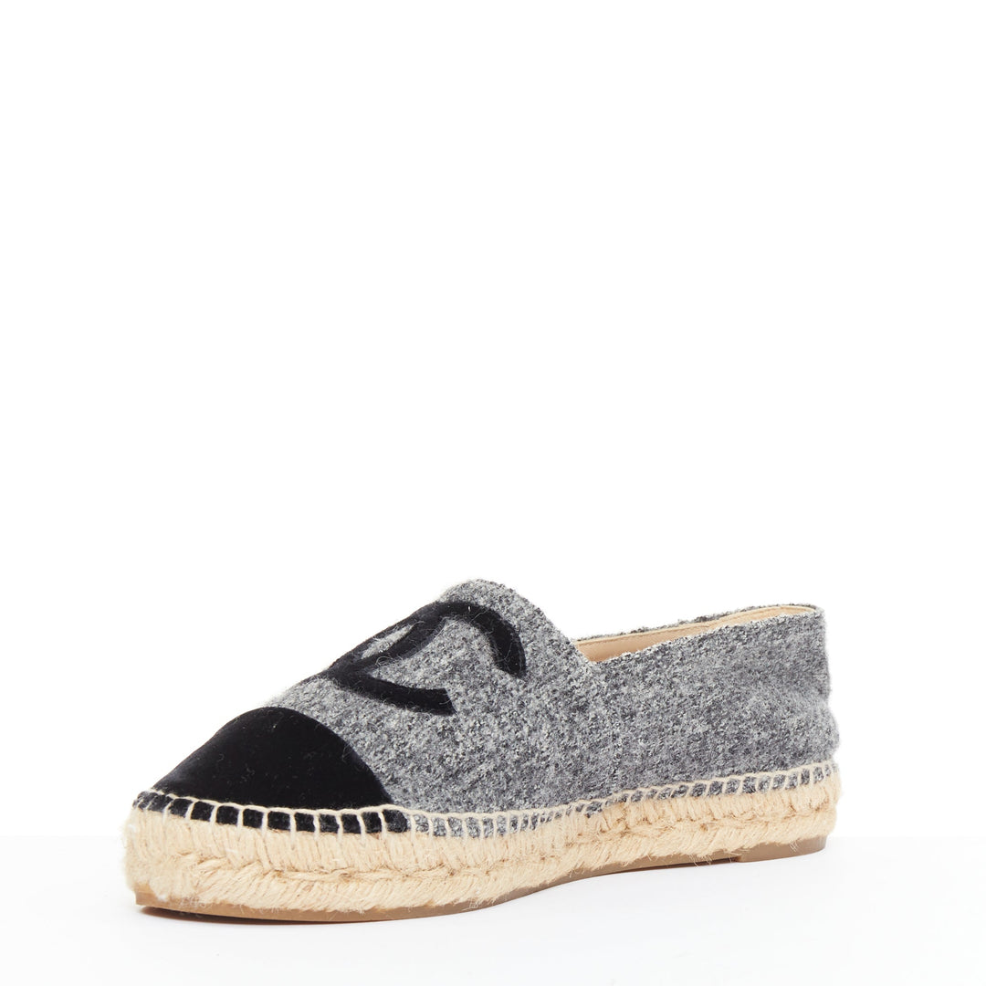 CHANEL 2021 grey wool felt black CC velvet applique espadrille flats EU39