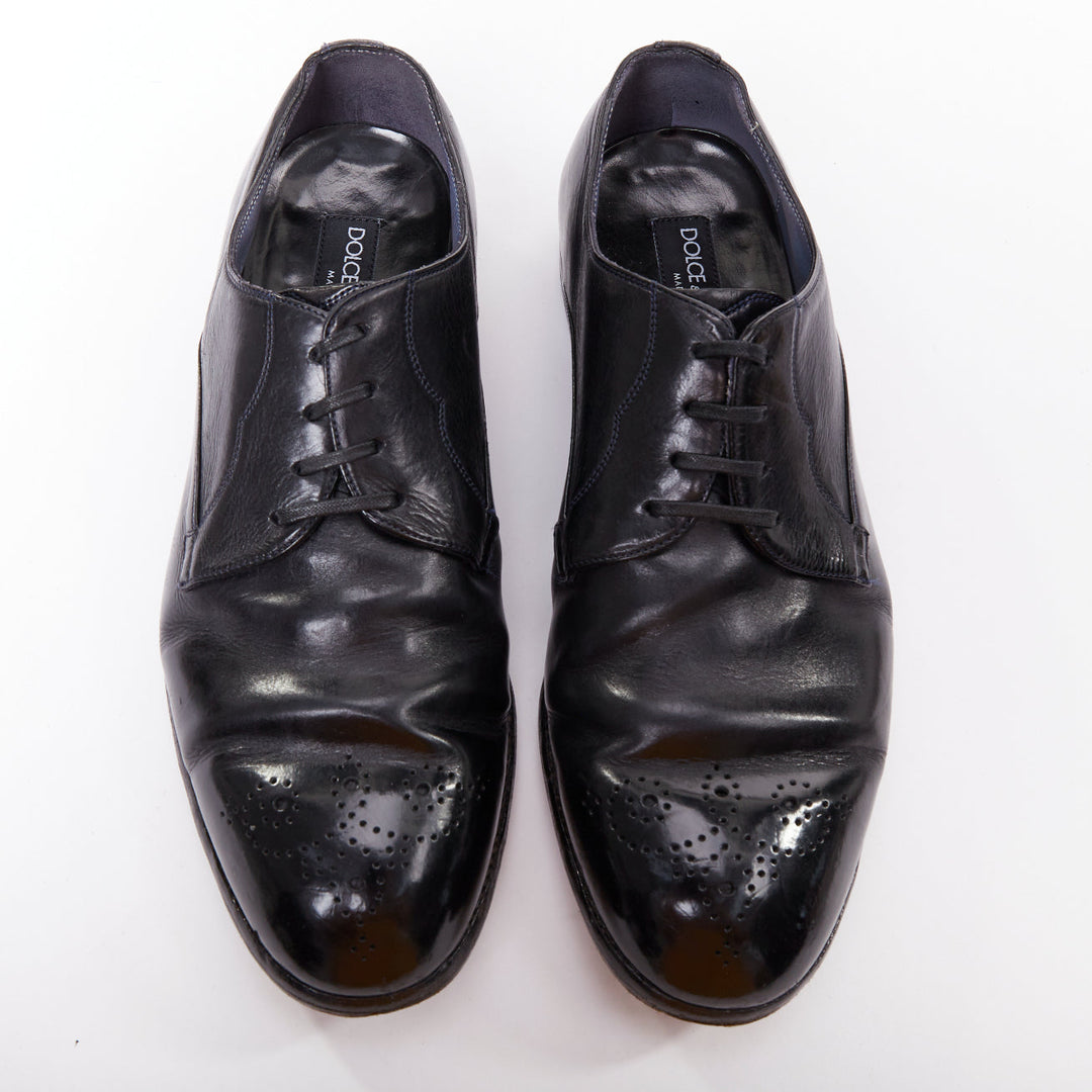 DOLCE GABBANA black hard leather perforated toe brogue loafers UK7 EU41