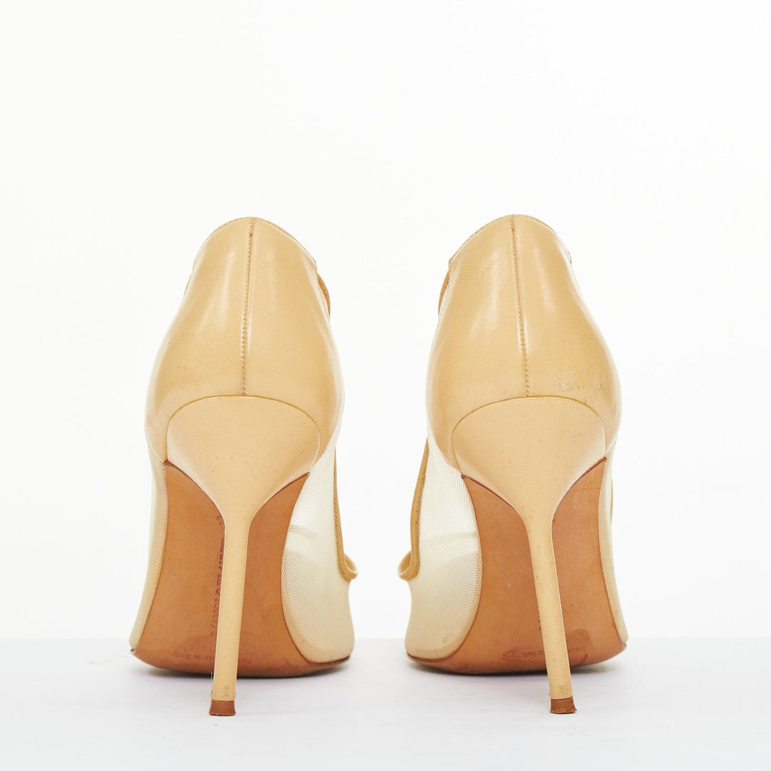 MANOLO BLAHNIK Belta sheer mesh nude beige leather cap toe stiletto pumps EU37.5