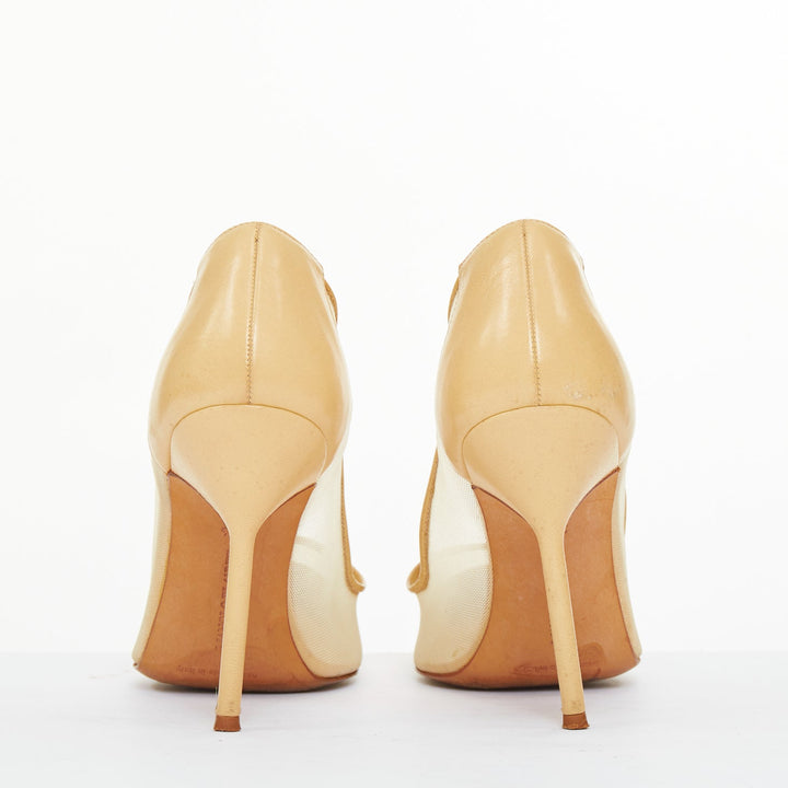 MANOLO BLAHNIK Belta sheer mesh nude beige leather cap toe stiletto pumps EU37.5