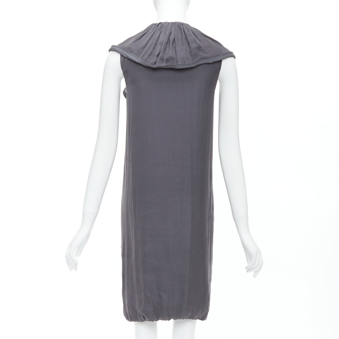 LANVIN 2008 grey silky trimmed ruffle collar V neck knee dress FR34 XS