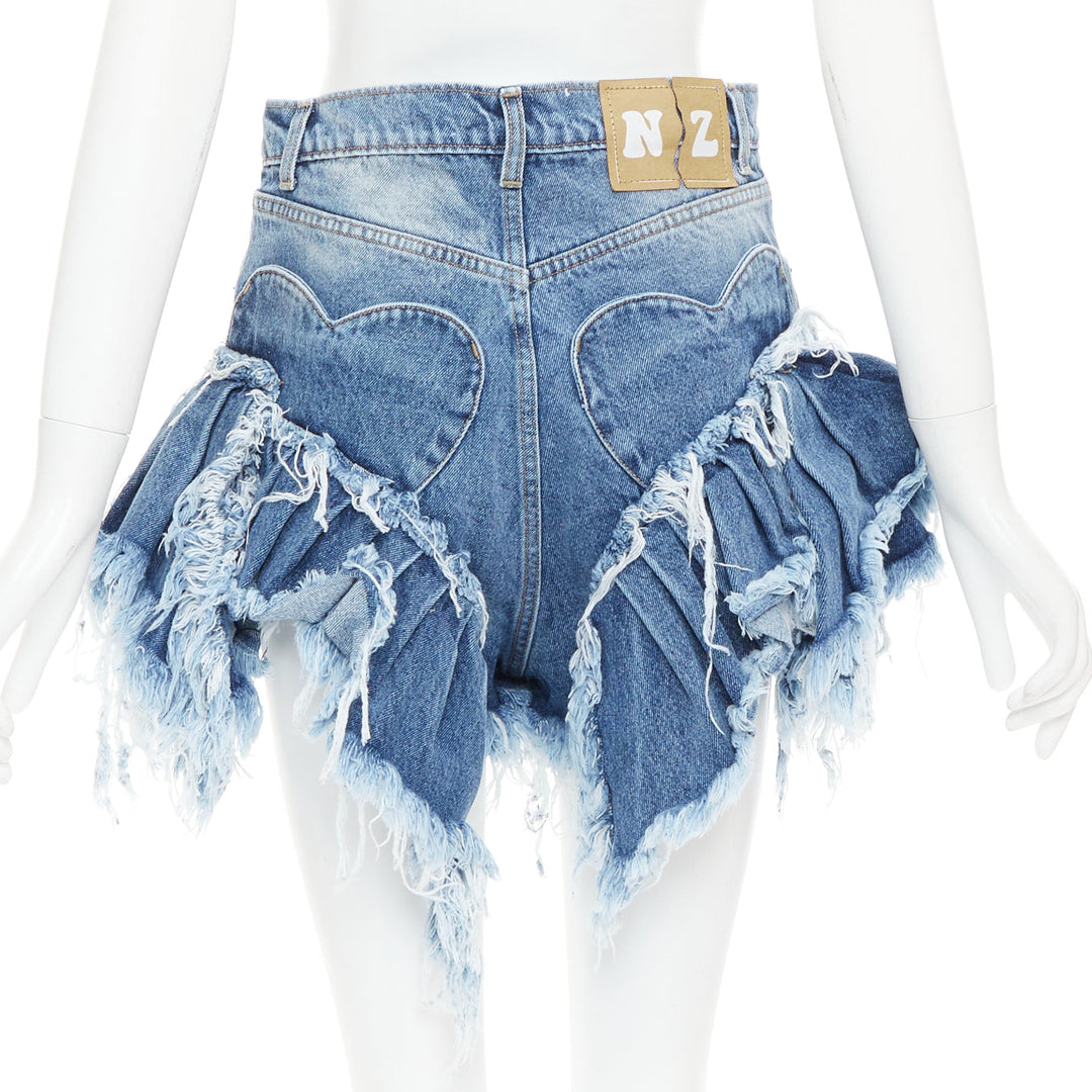NATASHA ZINKO blue washed frayed layered hem mini high waist shorts XS