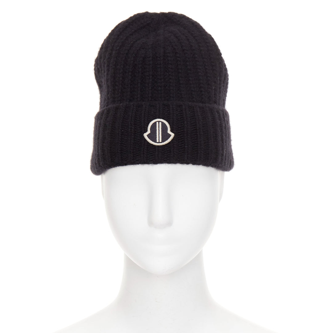 MONCLER RICK OWENS 2023 logo applique ribbed beanie wool cashmere hat Sz0 XS