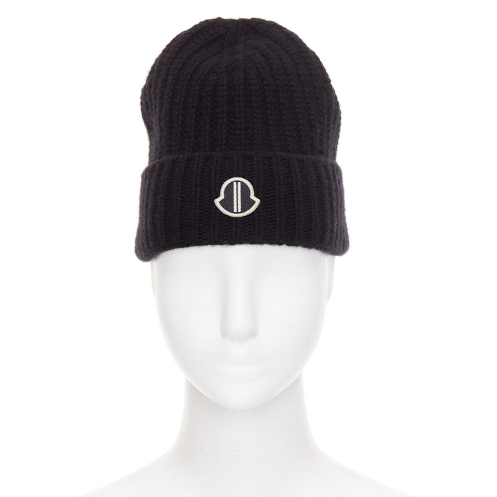 MONCLER RICK OWENS 2023 logo applique ribbed beanie wool cashmere hat Sz0 XS