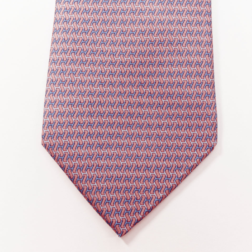 HERMES pink blue lavender 100% silk H logo zigzag print formal tie