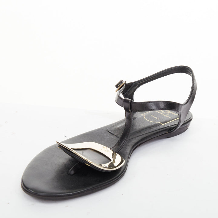 ROGER VIVIER Bikiviv black leather gold buckle tstrap comfort thong sandals EU37