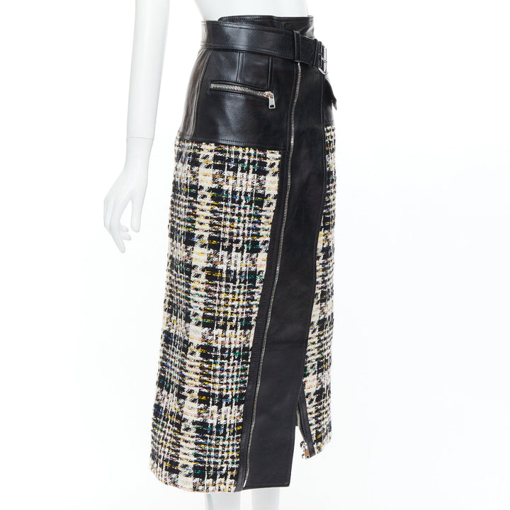 ALEXANDER MCQUEEN 2023 Hybrid leather tweed deconstructed biker skirt IT36 XXS