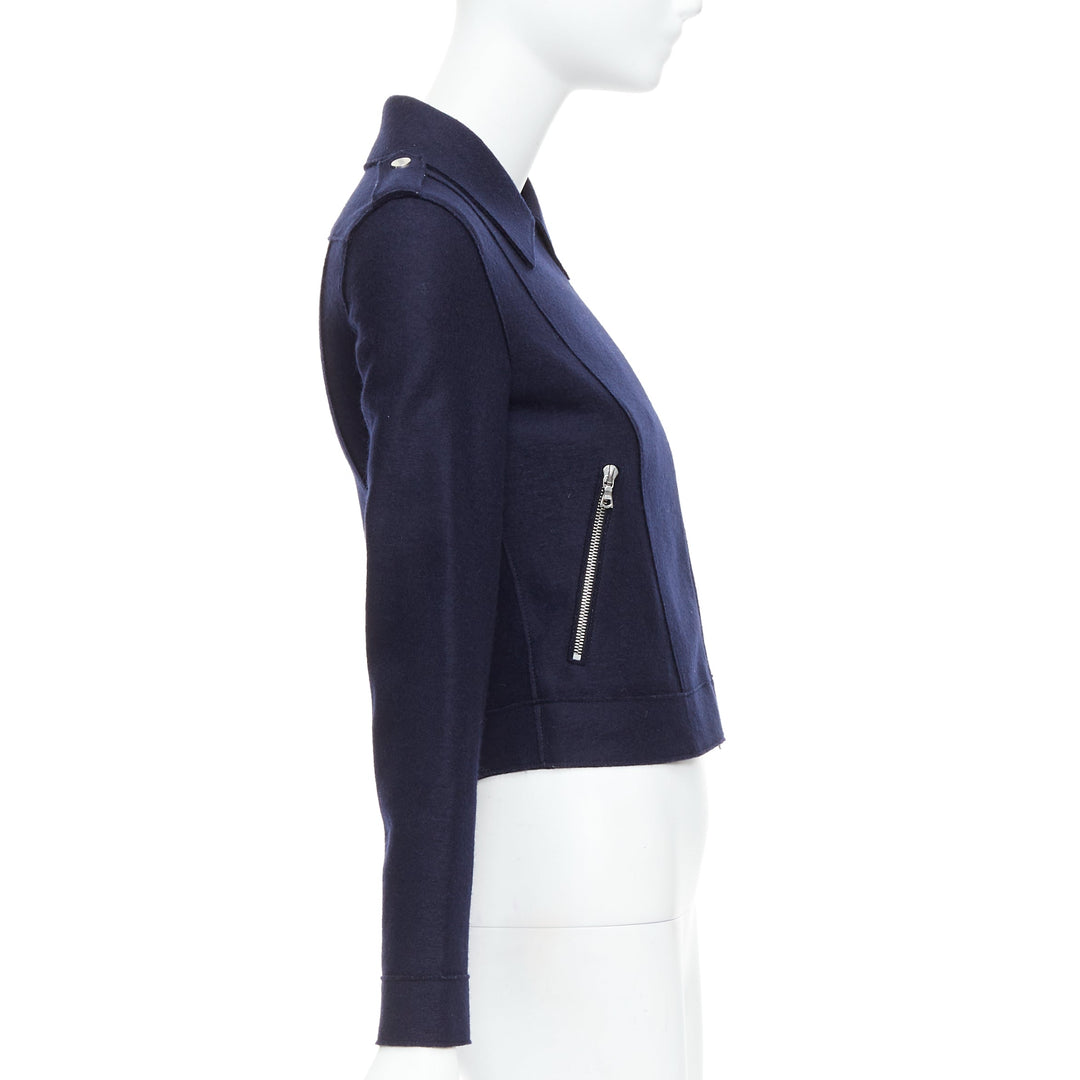 HARRIS WHARF LONDON navy virgin wool cropped biker jacket IT38 XS