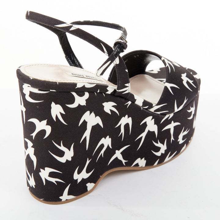 MIU MIU 2010 Runway swallow print navy canvas open toe platform wedge EU39