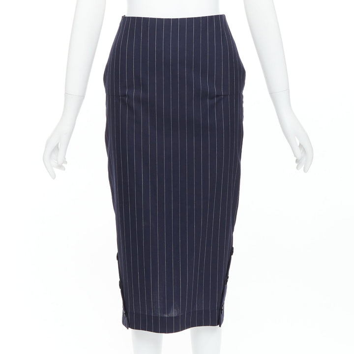 VICTORIA BECKHAM 100% wool navy pinstriped 2-way zip pencil skirt UK6 XS